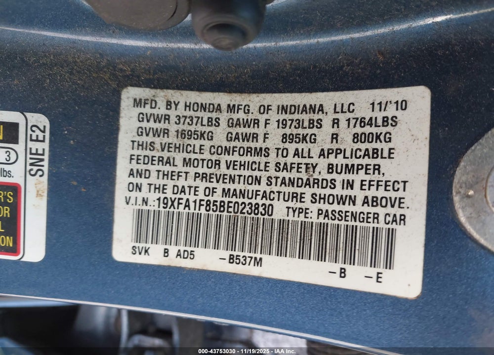 2011 HONDA CIVIC EX VIN: 19XFA1F85BE023830