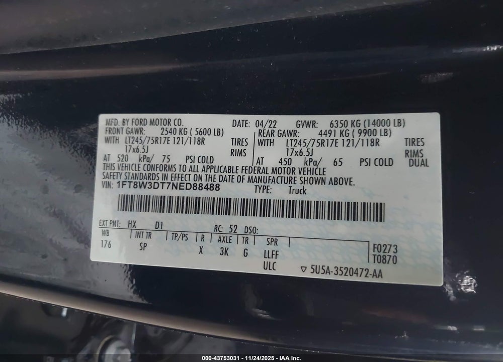 2022 FORD F-350 KING RANCH VIN: 1FT8W3DT7NED88488