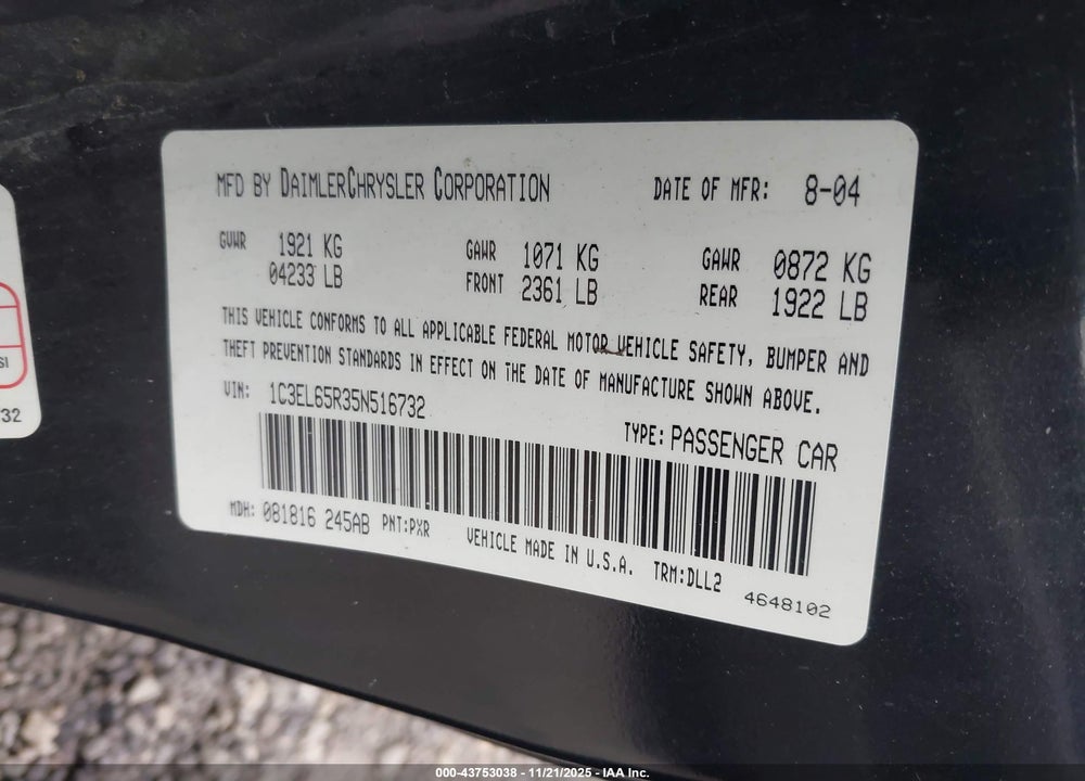 2005 CHRYSLER SEBRING LIMITED VIN: 1C3EL65R35N516732