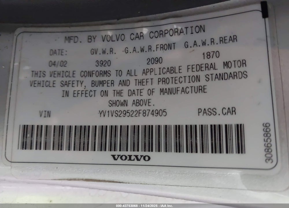 2002 VOLVO S40 A VIN: YV1VS29522F874905