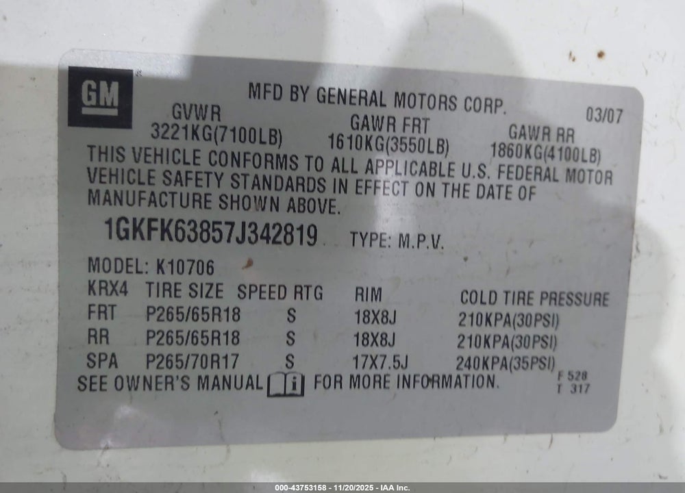 2007 GMC YUKON DENALI VIN: 1GKFK63857J342819