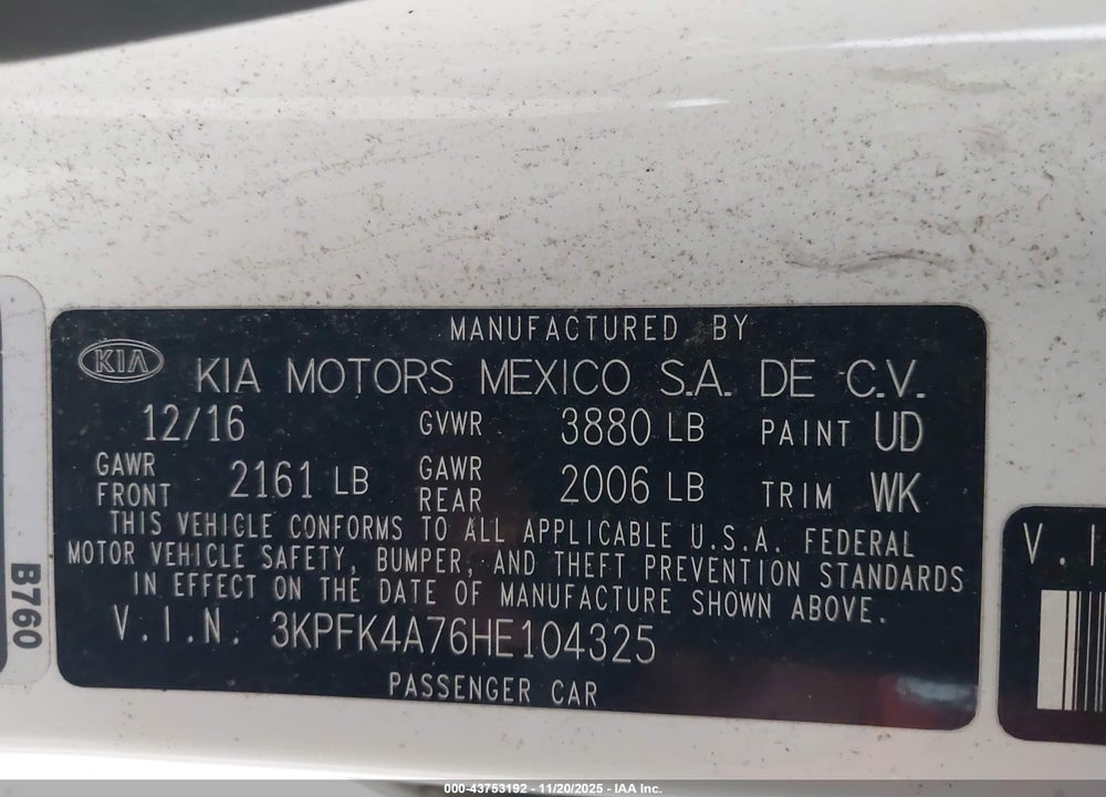 2017 KIA FORTE LX VIN: 3KPFK4A76HE104325