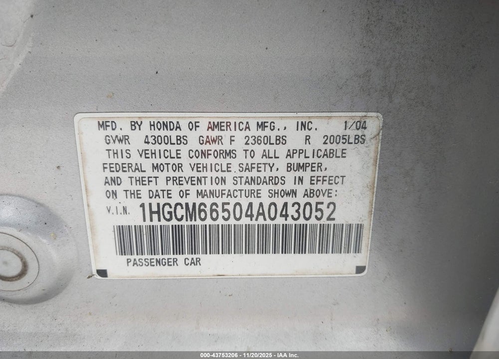 2004 HONDA ACCORD 3.0 EX VIN: 1HGCM66504A043052