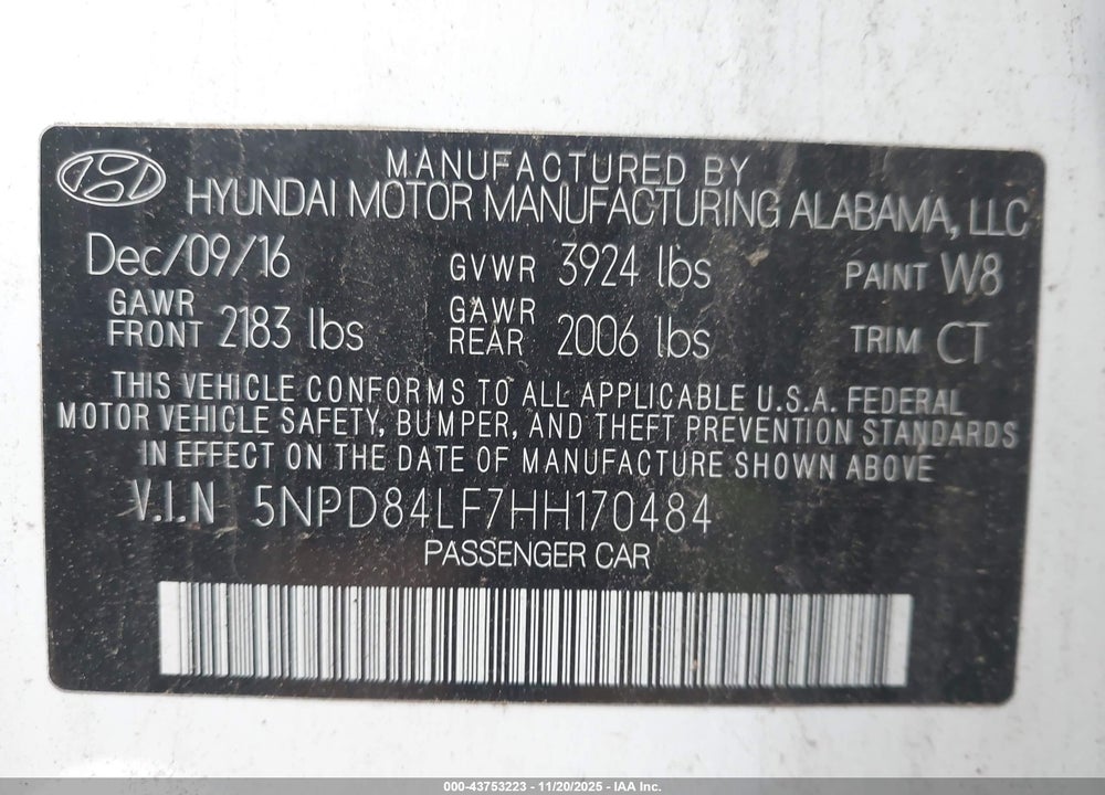 2017 HYUNDAI ELANTRA VALUE EDITION VIN: 5NPD84LF7HH170484