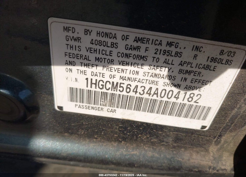 2004 HONDA ACCORD 2.4 LX VIN: 1HGCM56434A004182