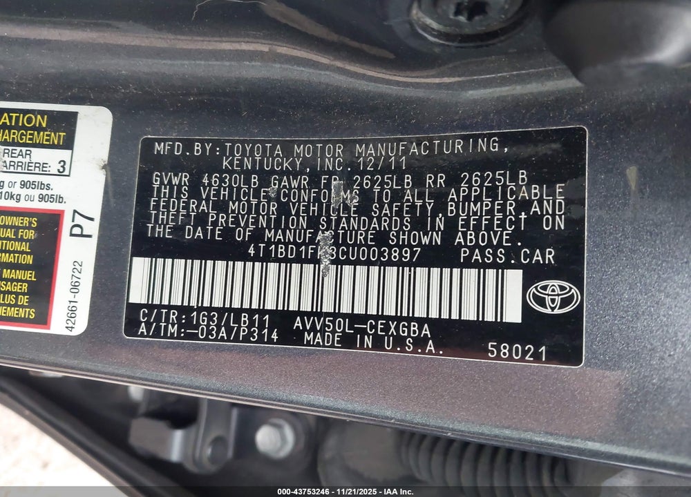 2012 TOYOTA CAMRY HYBRID XLE VIN: 4T1BD1FK3CU003897
