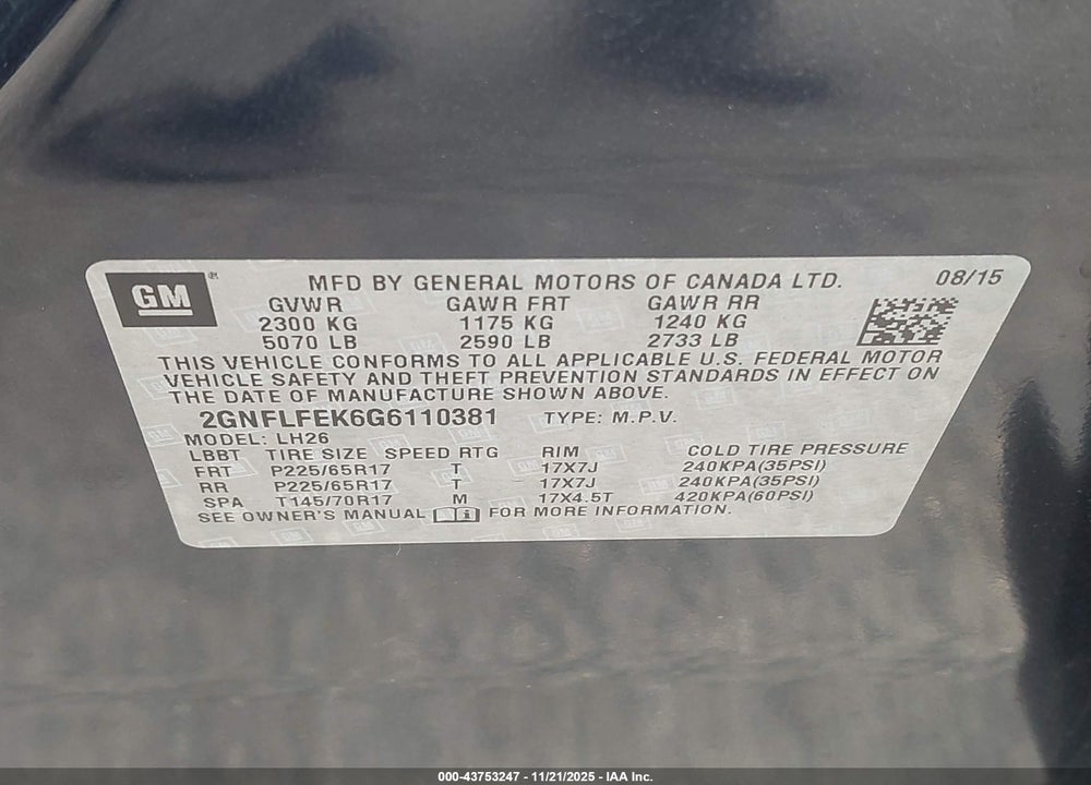 2016 CHEVROLET EQUINOX LT VIN: 2GNFLFEK6G6110381