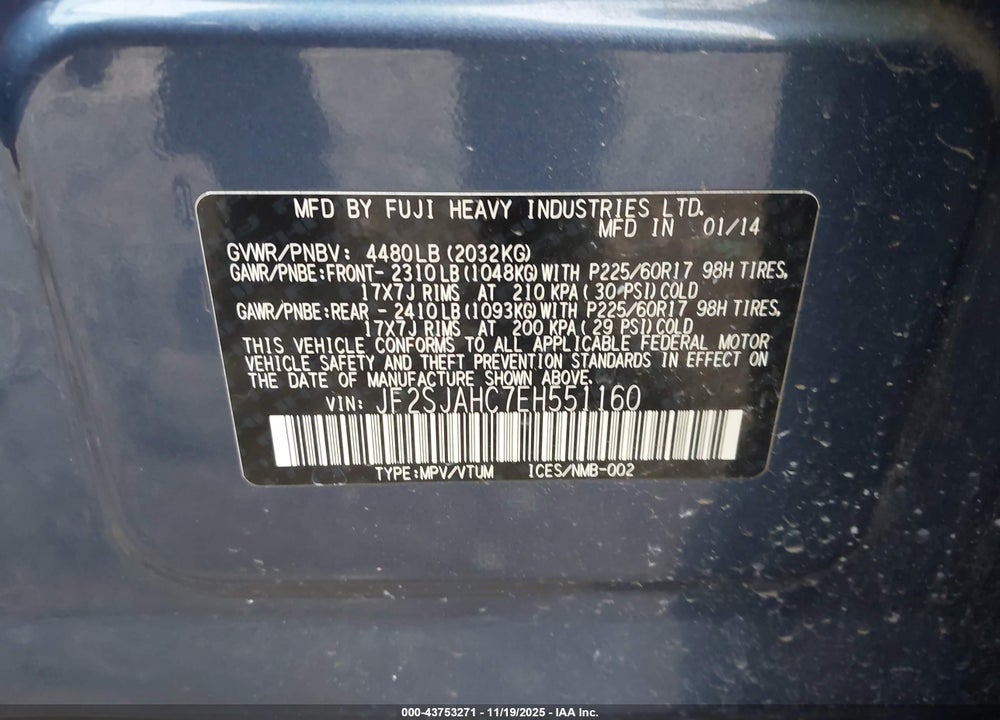 2014 SUBARU FORESTER 2.5I LIMITED VIN: JF2SJAHC7EH551160