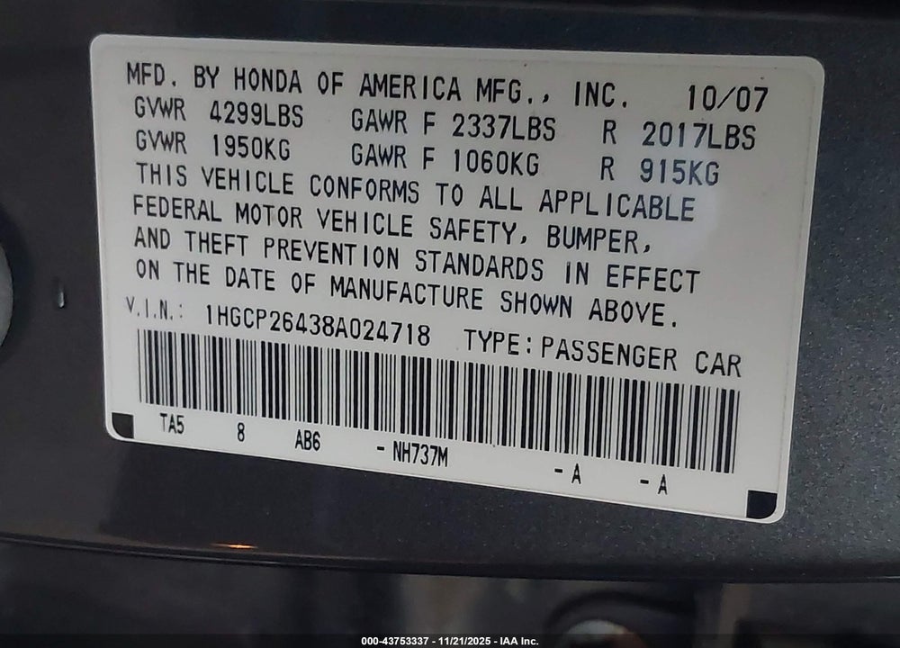 2008 HONDA ACCORD 2.4 LX-P VIN: 1HGCP26438A024718