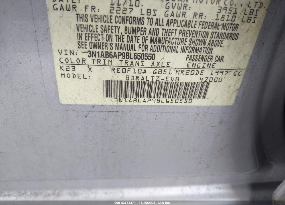 2011 NISSAN SENTRA VIN: 3N1AB6AP9BL650550