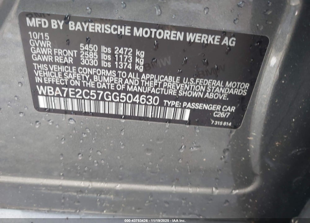 2016 BMW 7 SERIES VIN: WBA7E2C57GG504630