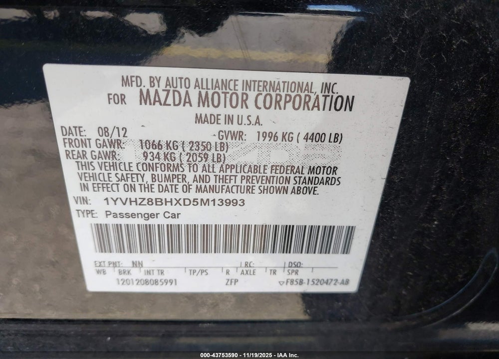 2013 MAZDA 6 I SPORT VIN: 1YVHZ8BHXD5M13993