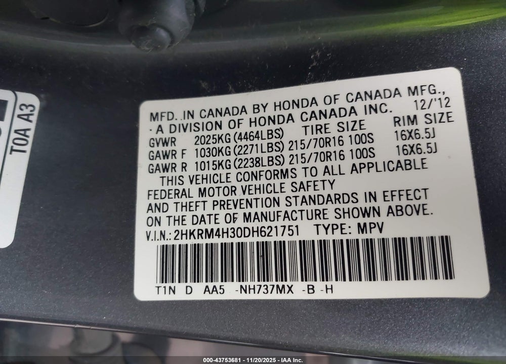 2013 HONDA CR-V LX VIN: 2HKRM4H30DH621751
