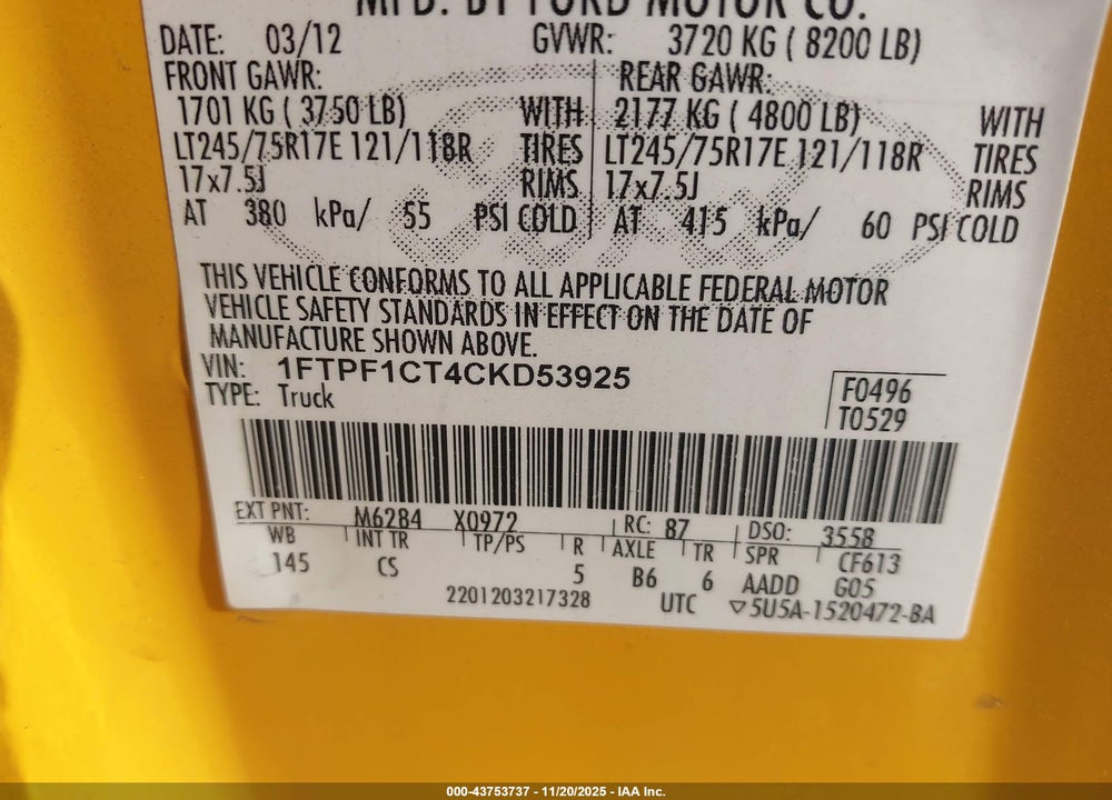 2012 FORD F-150 XL VIN: 1FTPF1CT4CKD53925