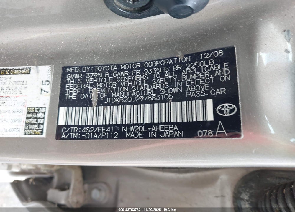 2009 TOYOTA PRIUS VIN: JTDKB20U297883105