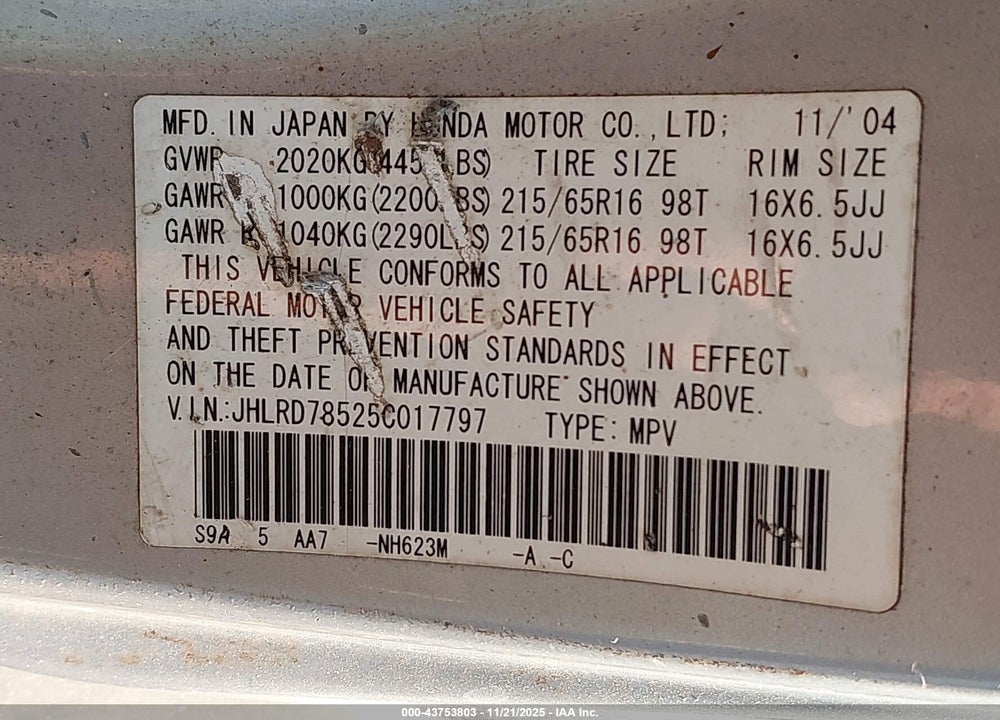 2005 HONDA CR-V LX VIN: JHLRD78525C017797