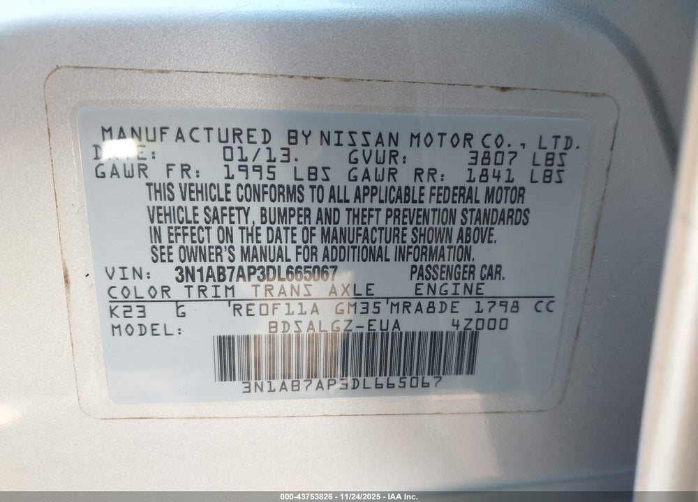 2013 NISSAN SENTRA SL VIN: 3N1AB7AP3DL665067