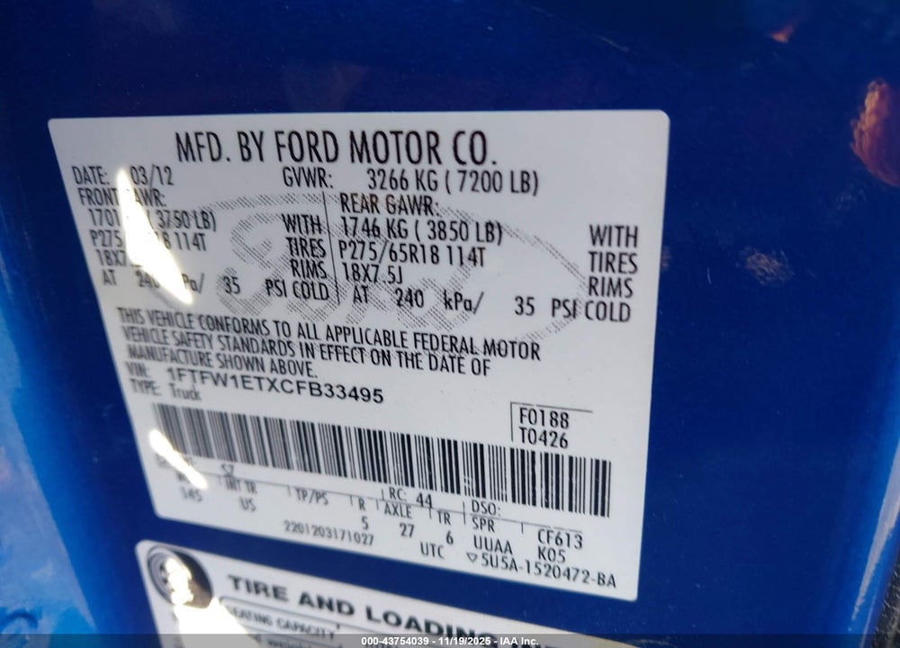 2012 FORD F-150 XLT VIN: 1FTFW1ETXCFB33495