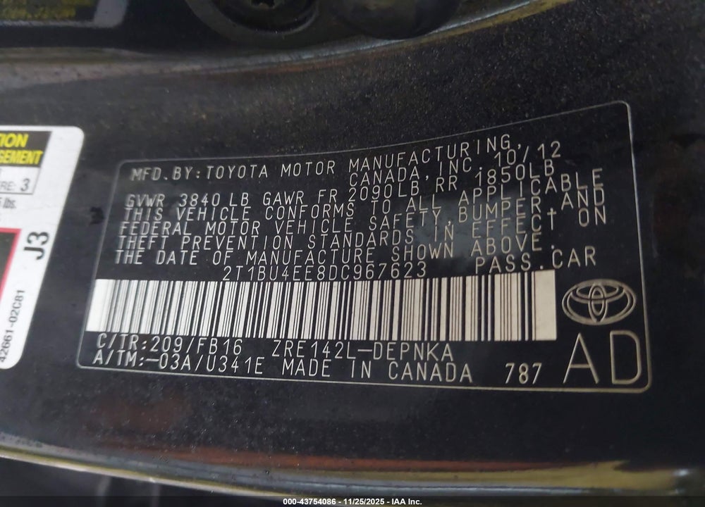 2013 TOYOTA COROLLA LE VIN: 2T1BU4EE8DC967623