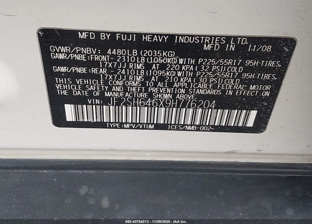 2009 SUBARU FORESTER 2.5X LIMITED VIN: JF2SH646X9H776204