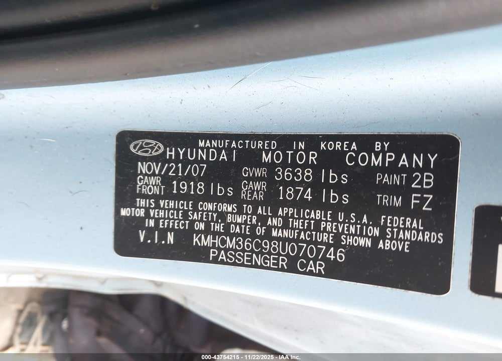 2008 HYUNDAI ACCENT GS VIN: KMHCM36C98U070746