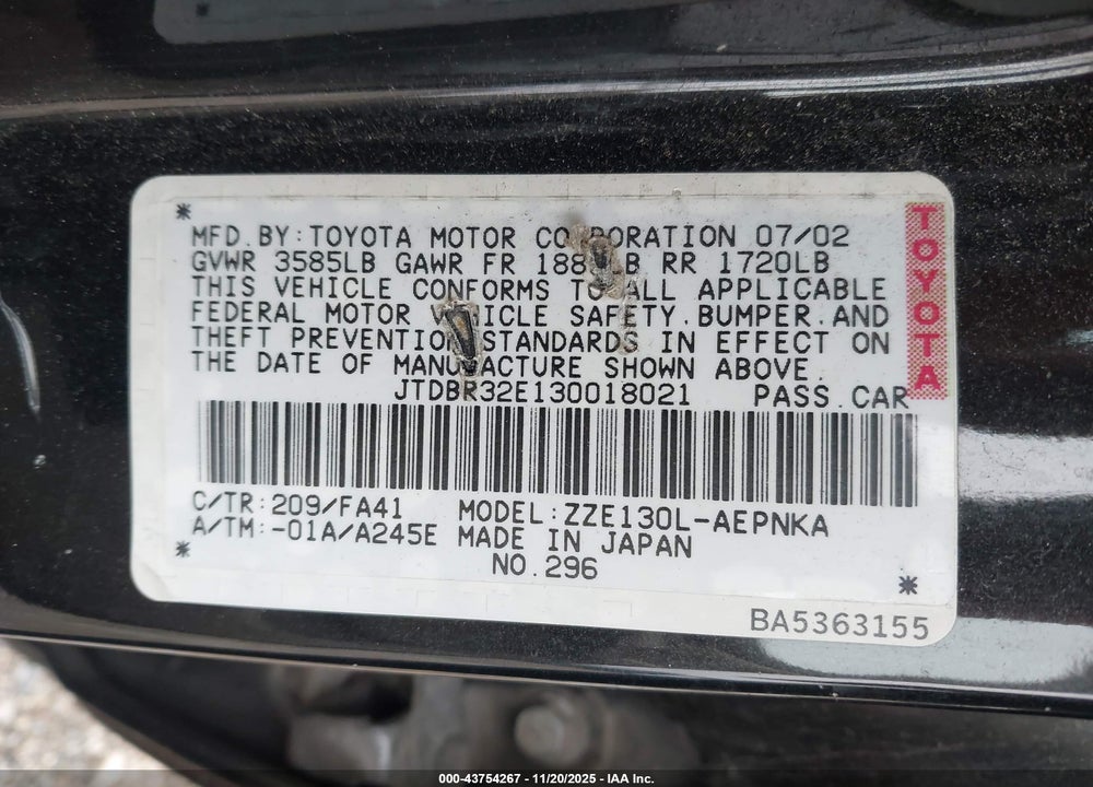 2003 TOYOTA COROLLA LE VIN: JTDBR32E130018021