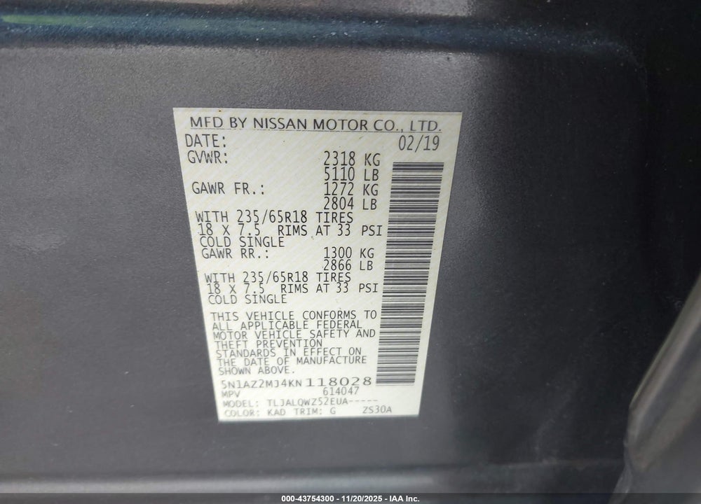 2019 NISSAN MURANO SV VIN: 5N1AZ2MJ4KN118028