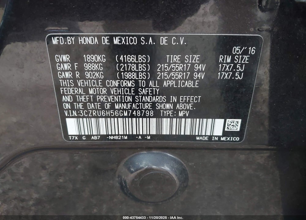 2016 HONDA HR-V VIN: 3CZRU6H56GM748798