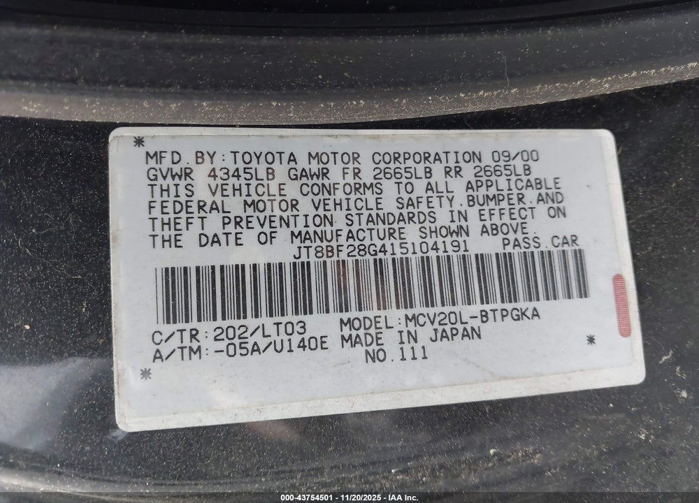 2001 LEXUS ES 300 VIN: JT8BF28G415104191