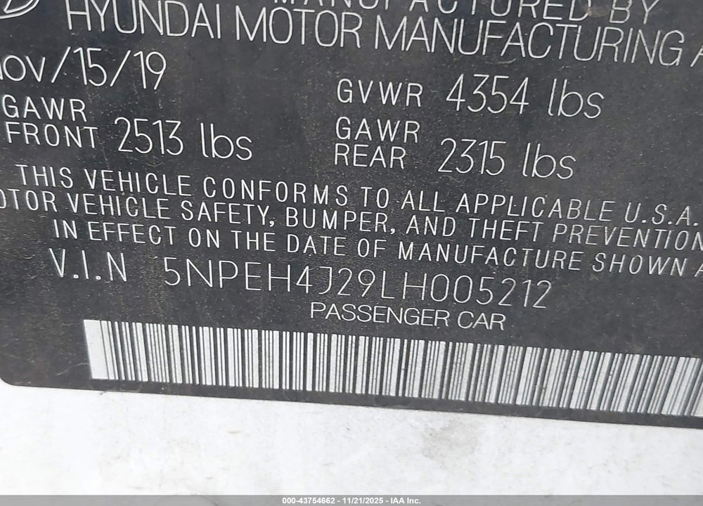 2020 HYUNDAI SONATA LIMITED VIN: 5NPEH4J29LH005212