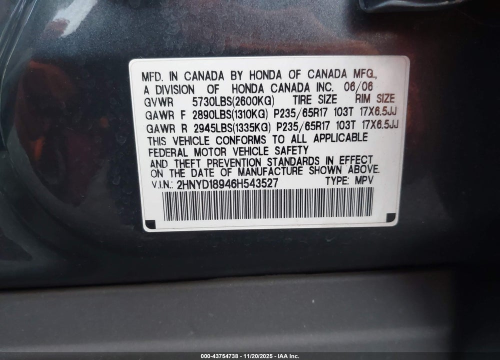2006 ACURA MDX VIN: 2HNYD18946H543527