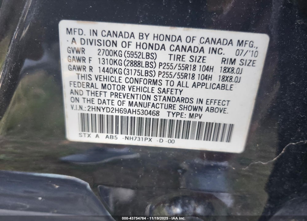 2010 ACURA MDX TECHNOLOGY PACKAGE VIN: 2HNYD2H69AH530468