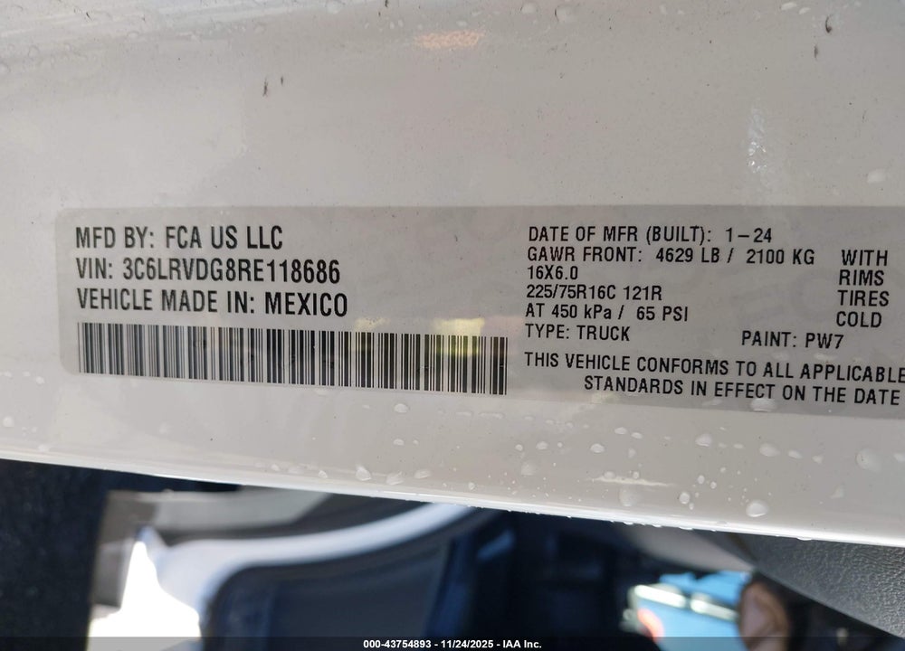 2024 RAM PROMASTER 2500 SLT+ HIGH ROOF 159 WB VIN: 3C6LRVDG8RE118686