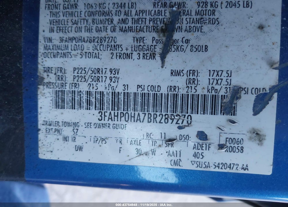 2011 FORD FUSION SE VIN: 3FAHP0HA7BR289270