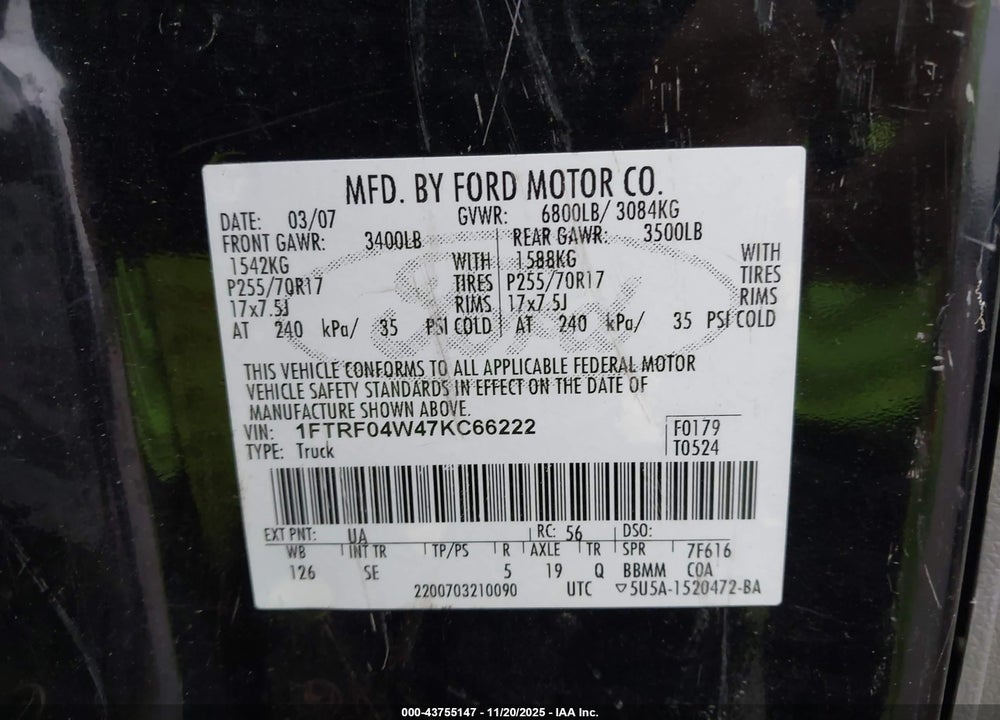 2007 FORD F-150 STX/XLT VIN: 1FTRF04W47KC66222