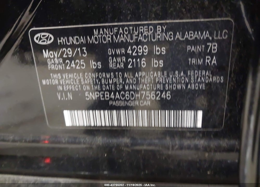 2013 HYUNDAI SONATA GLS VIN: 5NPEB4AC6DH756246