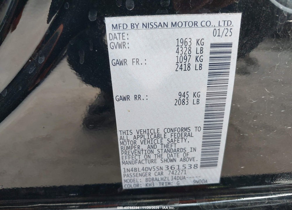 2025 NISSAN ALTIMA VIN: 1N4BL4DV5SN361538