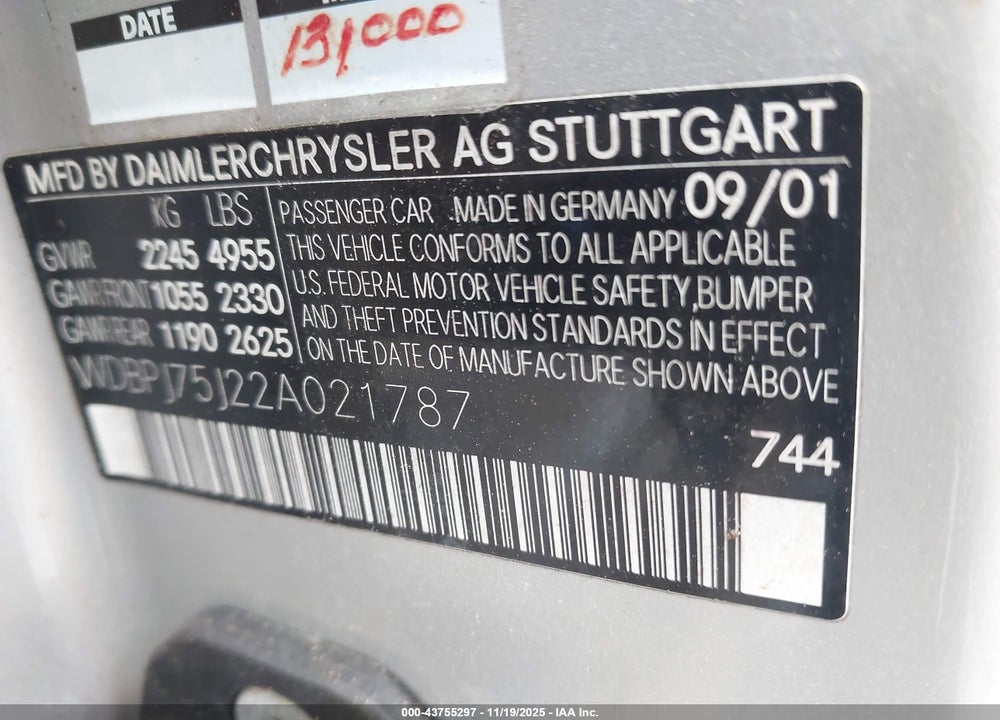 2002 MERCEDES-BENZ CL 500 VIN: WDBPJ75J22A021787
