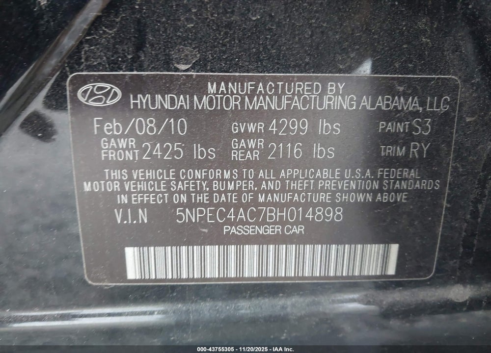 2011 HYUNDAI SONATA SE VIN: 5NPEC4AC7BH014898