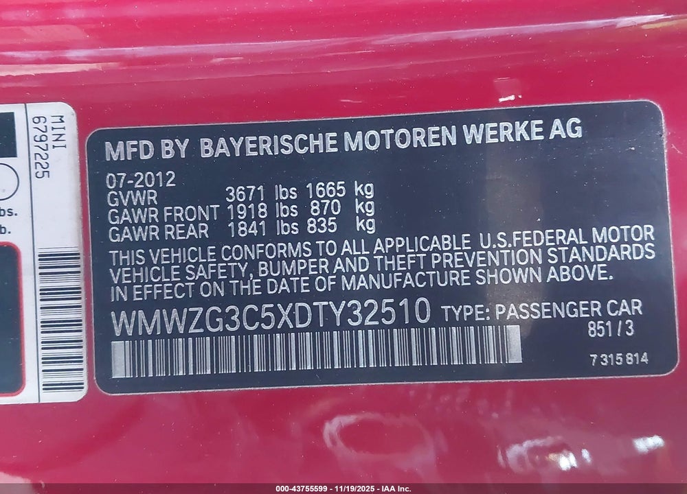 2013 MINI CLUBMAN COOPER S VIN: WMWZG3C5XDTY32510