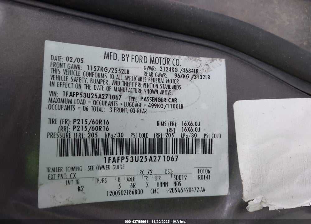 2005 FORD TAURUS SE VIN: 1FAFP53U25A271067