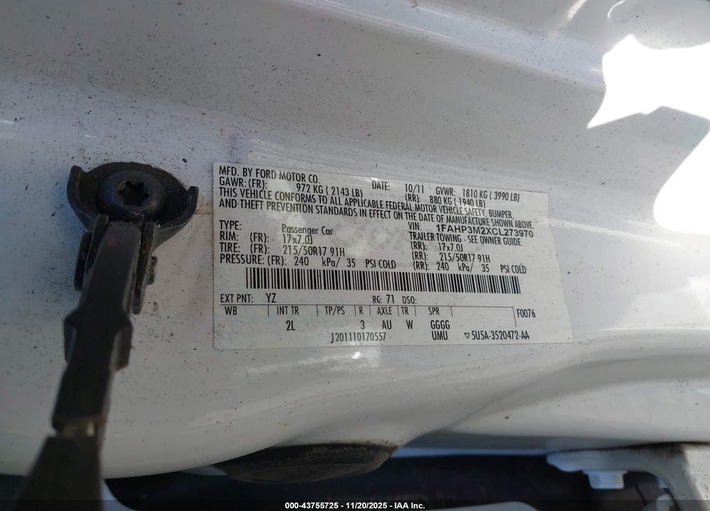 2012 FORD FOCUS SEL VIN: 1FAHP3M2XCL273970