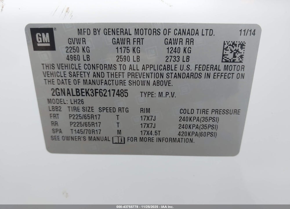 2015 CHEVROLET EQUINOX 1LT VIN: 2GNALBEK3F6217485