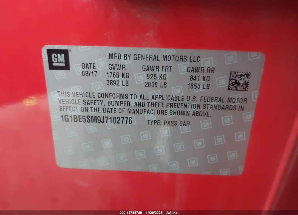 2018 CHEVROLET CRUZE LT AUTO VIN: 1G1BE5SM9J7102776