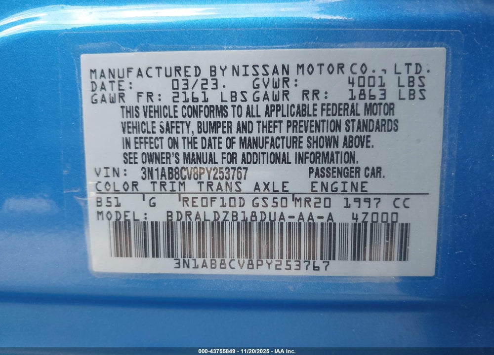 2023 NISSAN SENTRA SV XTRONIC CVT VIN: 3N1AB8CV8PY253767