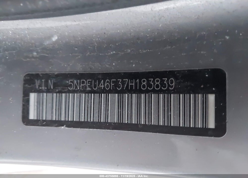 2007 HYUNDAI SONATA LIMITED/SE V6 VIN: 5NPEU46F37H183839