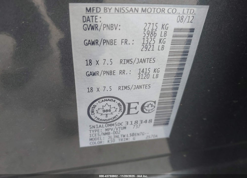 2013 INFINITI JX35 VIN: 5N1AL0MM5DC318348