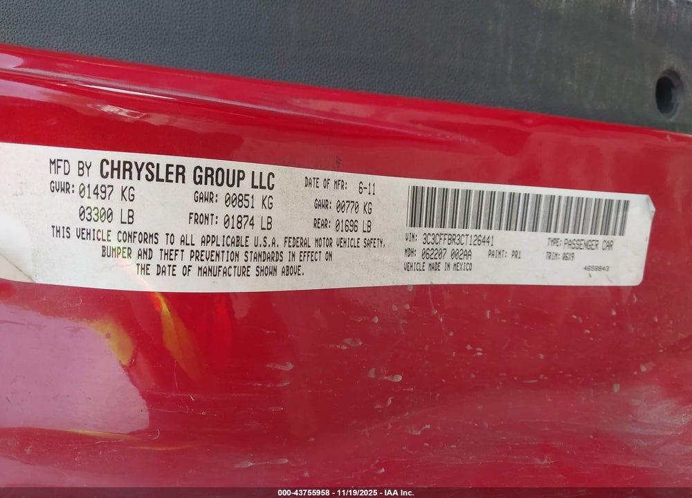 2012 FIAT 500 SPORT VIN: 3C3CFFBR3CT126441