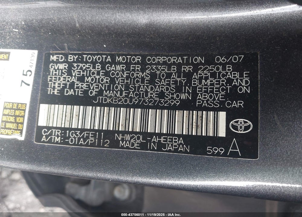 2007 TOYOTA PRIUS VIN: JTDKB20U973273299