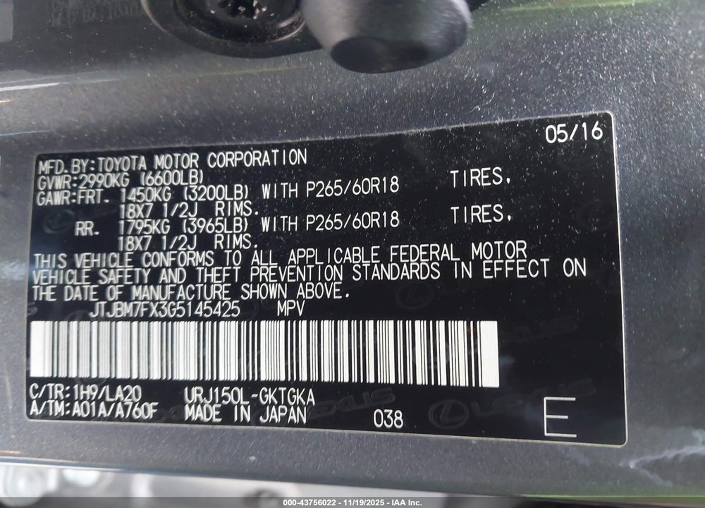 2016 LEXUS GX 460 VIN: JTJBM7FX3G5145425